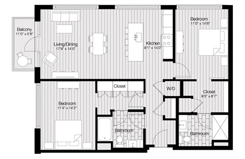 Floor plan for 2 beds, 2 baths, 1176 sqft